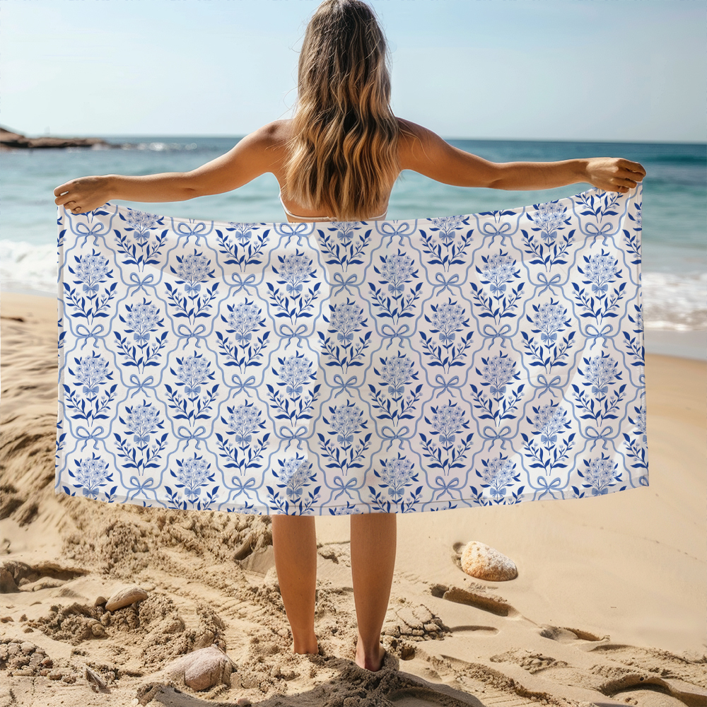 Beach Towel – Vintage Liberty Floral Print Botanical Classic Blue Bow And Flowers