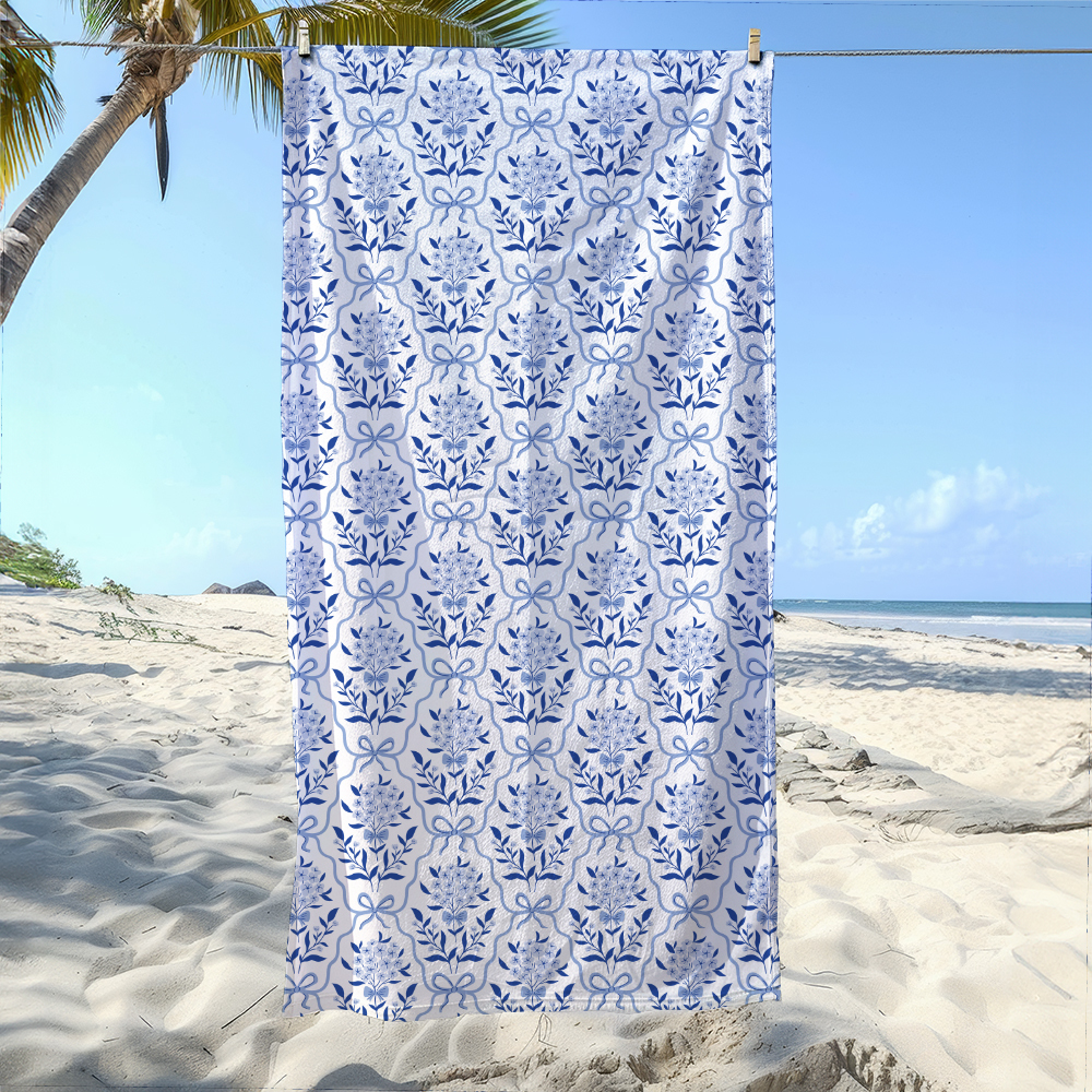 Beach Towel – Vintage Liberty Floral Print Botanical Classic Blue Bow And Flowers