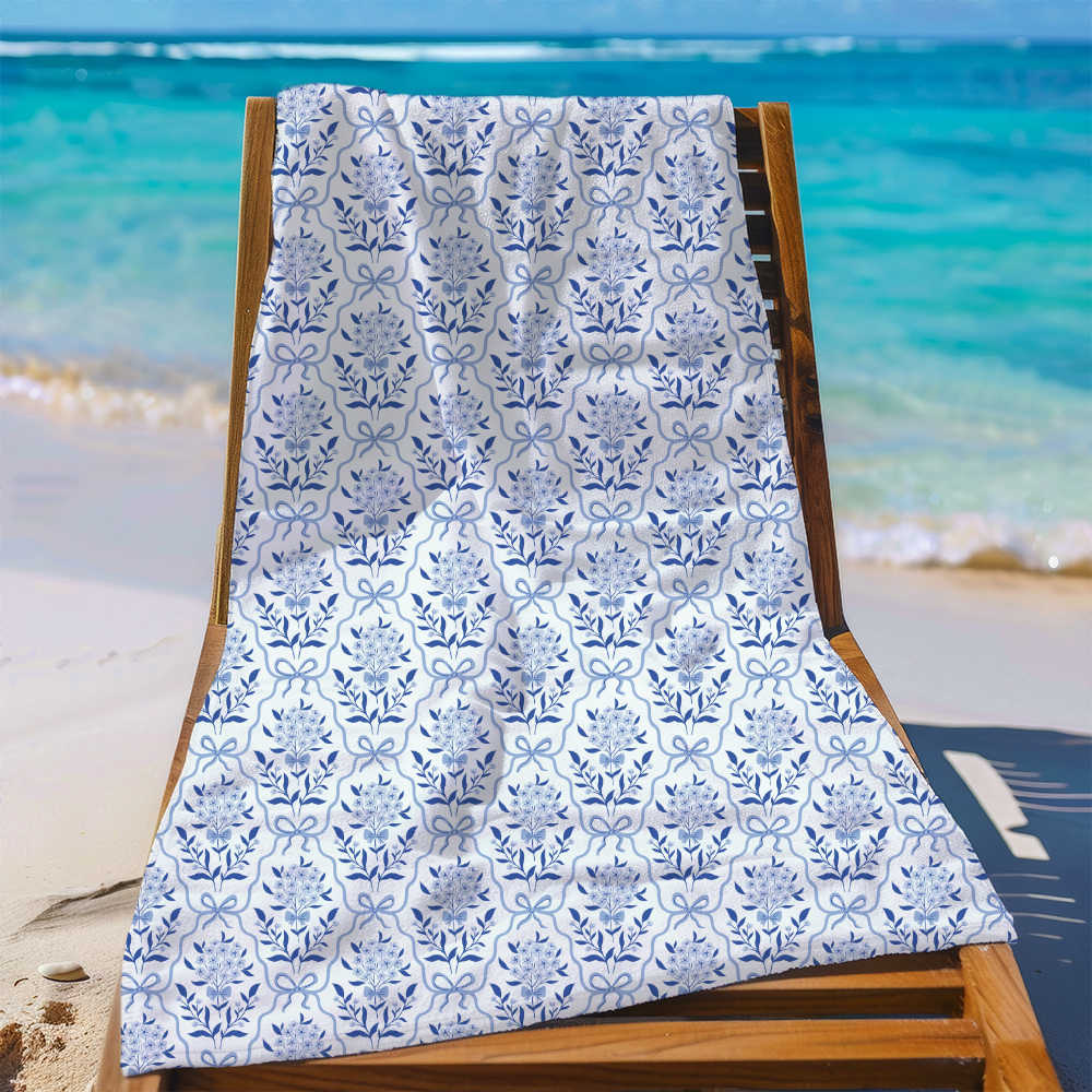 Beach Towel – Vintage Liberty Floral Print Botanical Classic Blue Bow And Flowers
