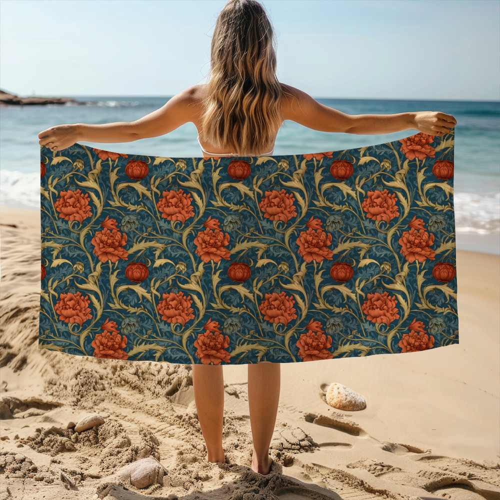 Beach Towel – William Morris Beautiful Liberty Floral Pattern With Lush Orange Blossoms, Golden Yellow, And Blue Foliage