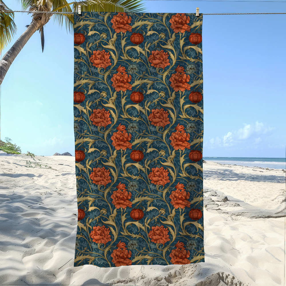 Beach Towel – William Morris Beautiful Liberty Floral Pattern With Lush Orange Blossoms, Golden Yellow, And Blue Foliage