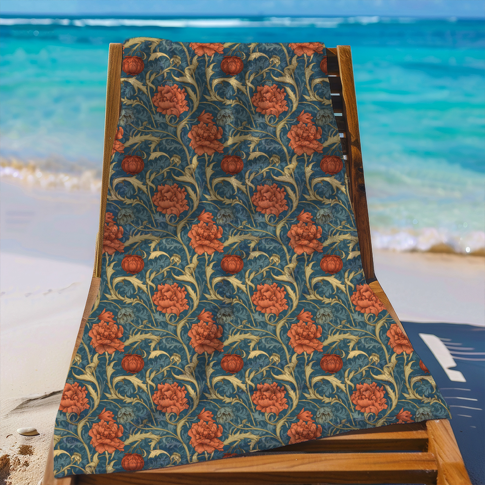 Beach Towel – William Morris Beautiful Liberty Floral Pattern With Lush Orange Blossoms, Golden Yellow, And Blue Foliage