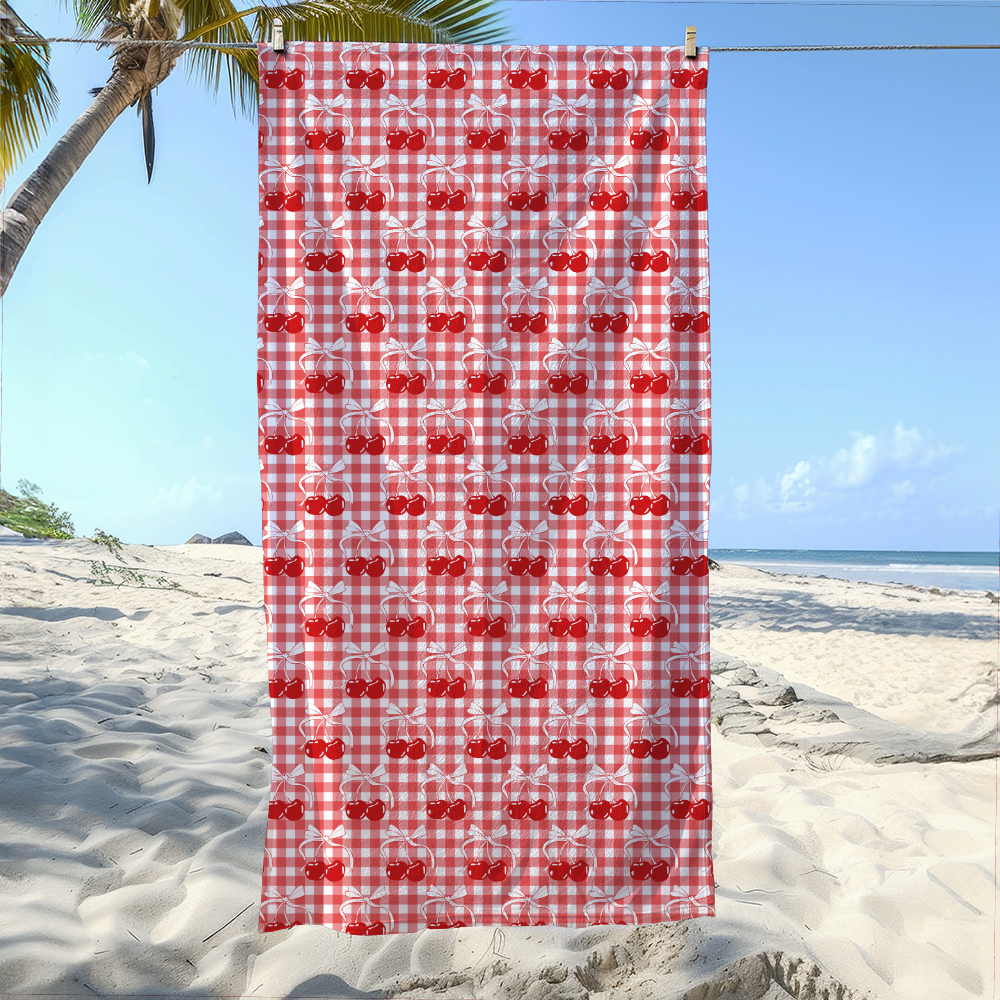 Beach Towel – Cherry And Bow Pattern On Checkered Background