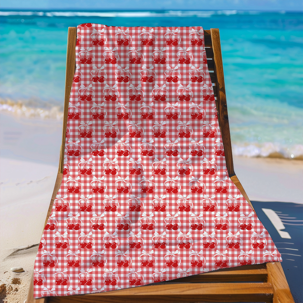 Beach Towel – Cherry And Bow Pattern On Checkered Background