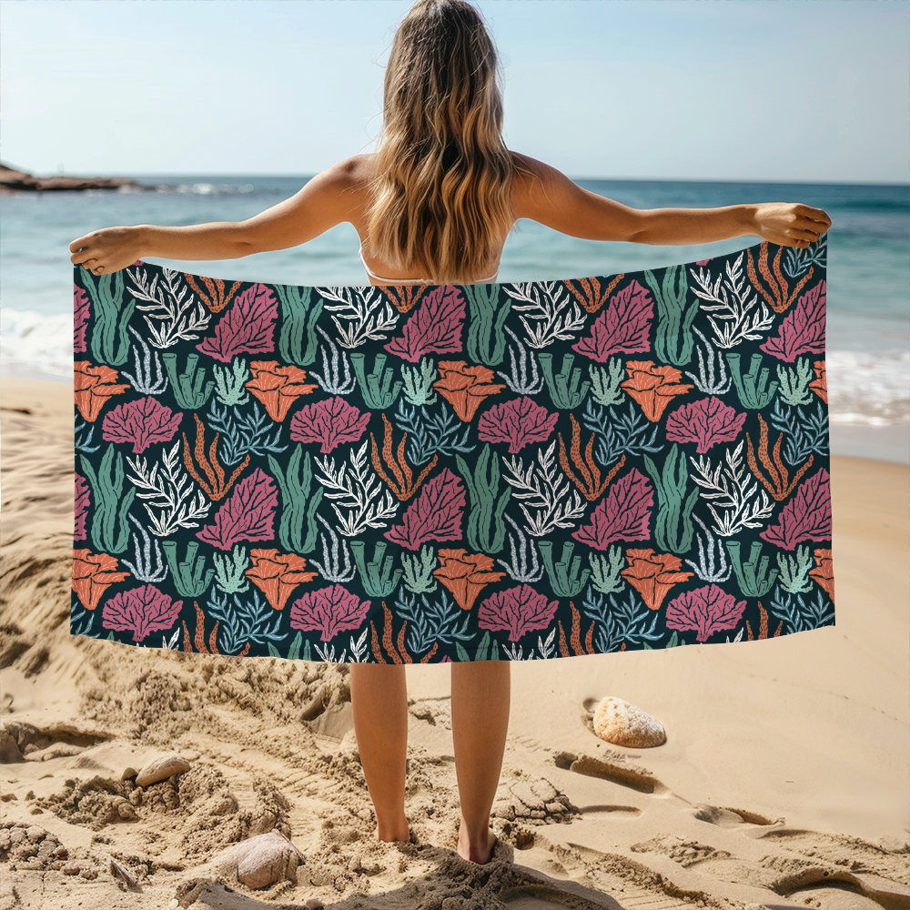 Beach Towel – Underwater World Seamless Pattern With Hand Drawn Coral And Seaweed