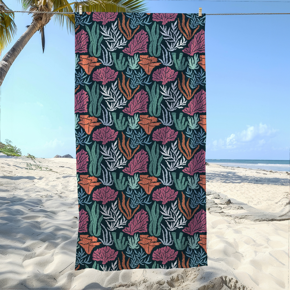 Beach Towel – Underwater World Seamless Pattern With Hand Drawn Coral And Seaweed