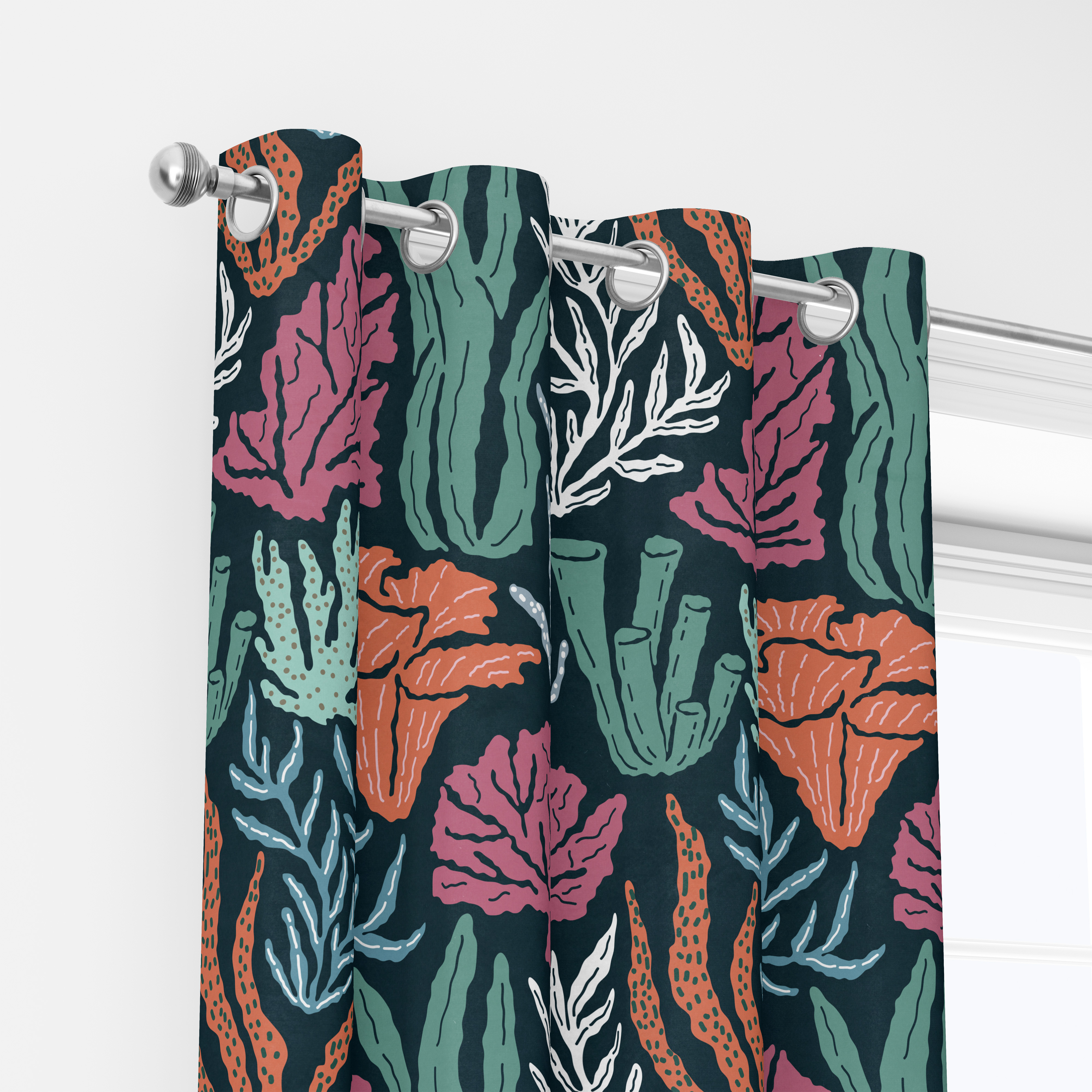Curtain – Underwater World Seamless Pattern With Hand Drawn Coral And Seaweed
