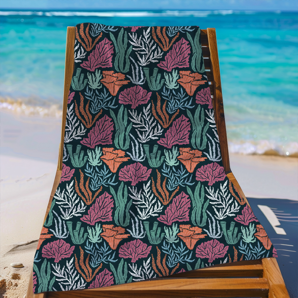 Beach Towel – Underwater World Seamless Pattern With Hand Drawn Coral And Seaweed