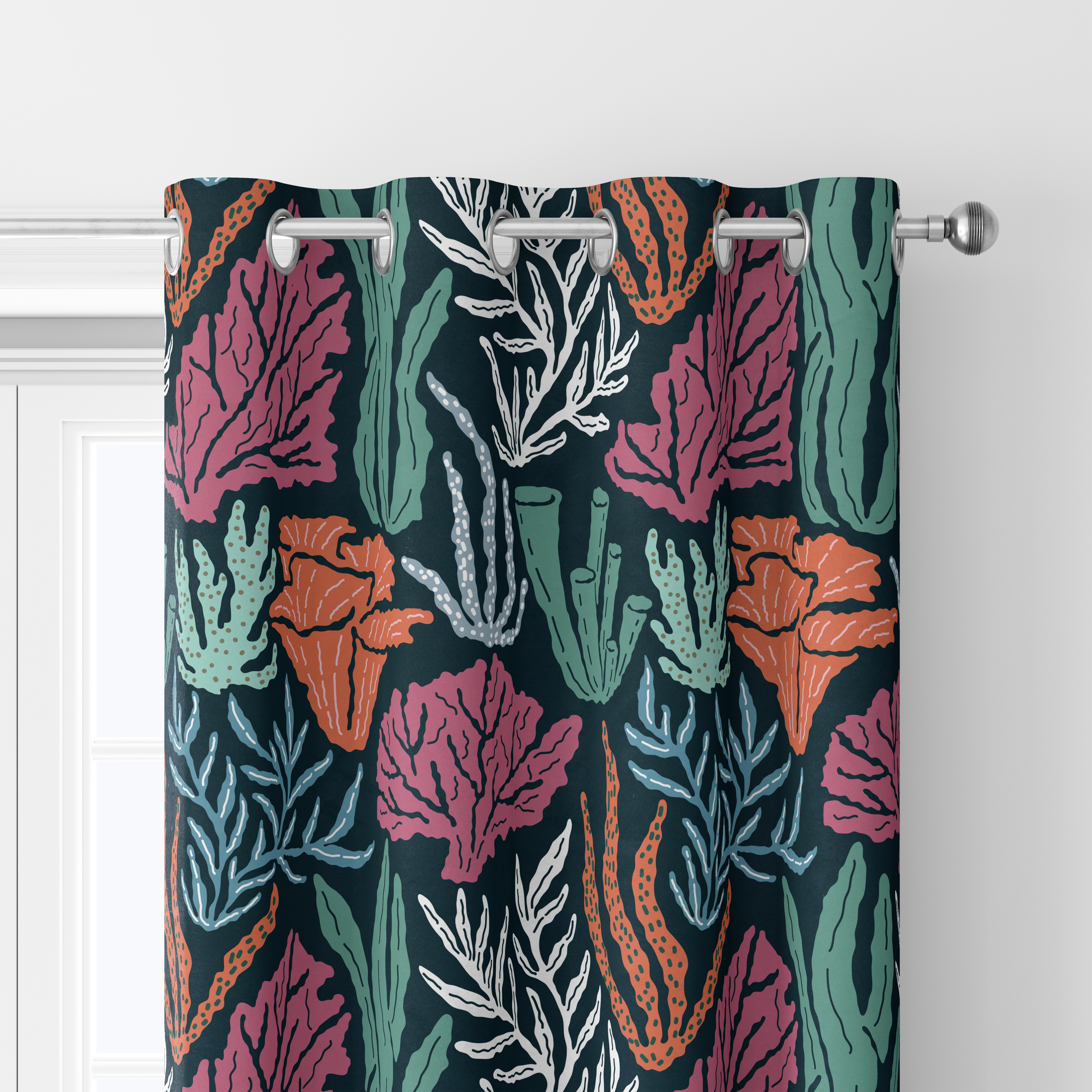 Curtain – Underwater World Seamless Pattern With Hand Drawn Coral And Seaweed