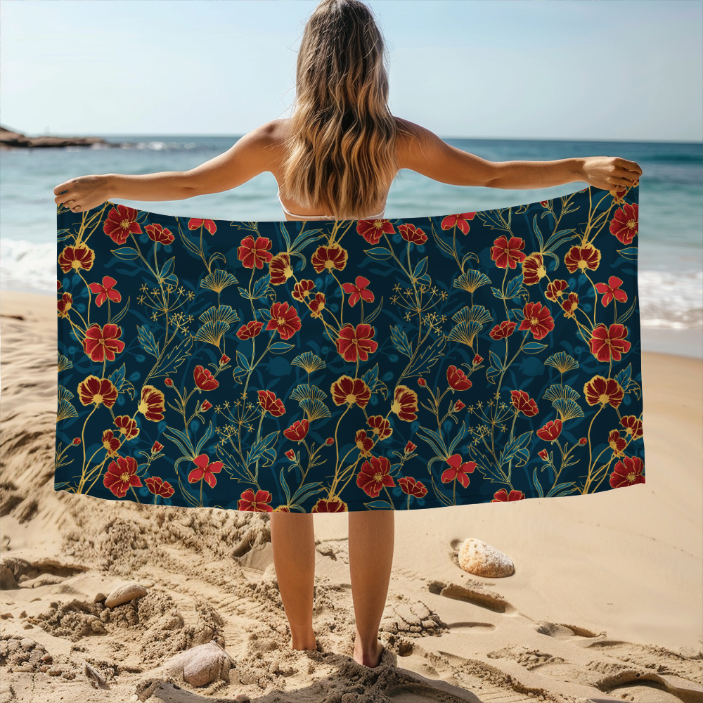Beach Towel – Vintage Liberty Floral Print With Ornamental Red Blue And Gold Botanical Flowers