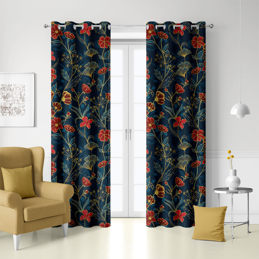Curtain – Vintage Liberty Floral Print With Ornamental Red, Blue, and Gold Botanical Flowers