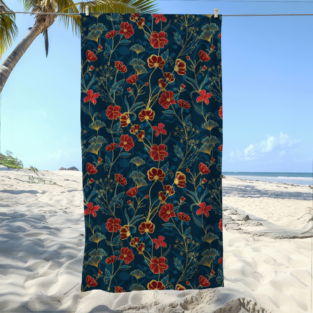 Beach Towel – Vintage Liberty Floral Print With Ornamental Red Blue And Gold Botanical Flowers