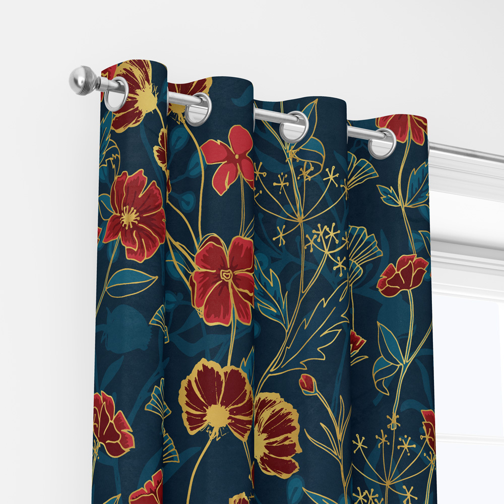 Curtain – Vintage Liberty Floral Print With Ornamental Red, Blue, and Gold Botanical Flowers