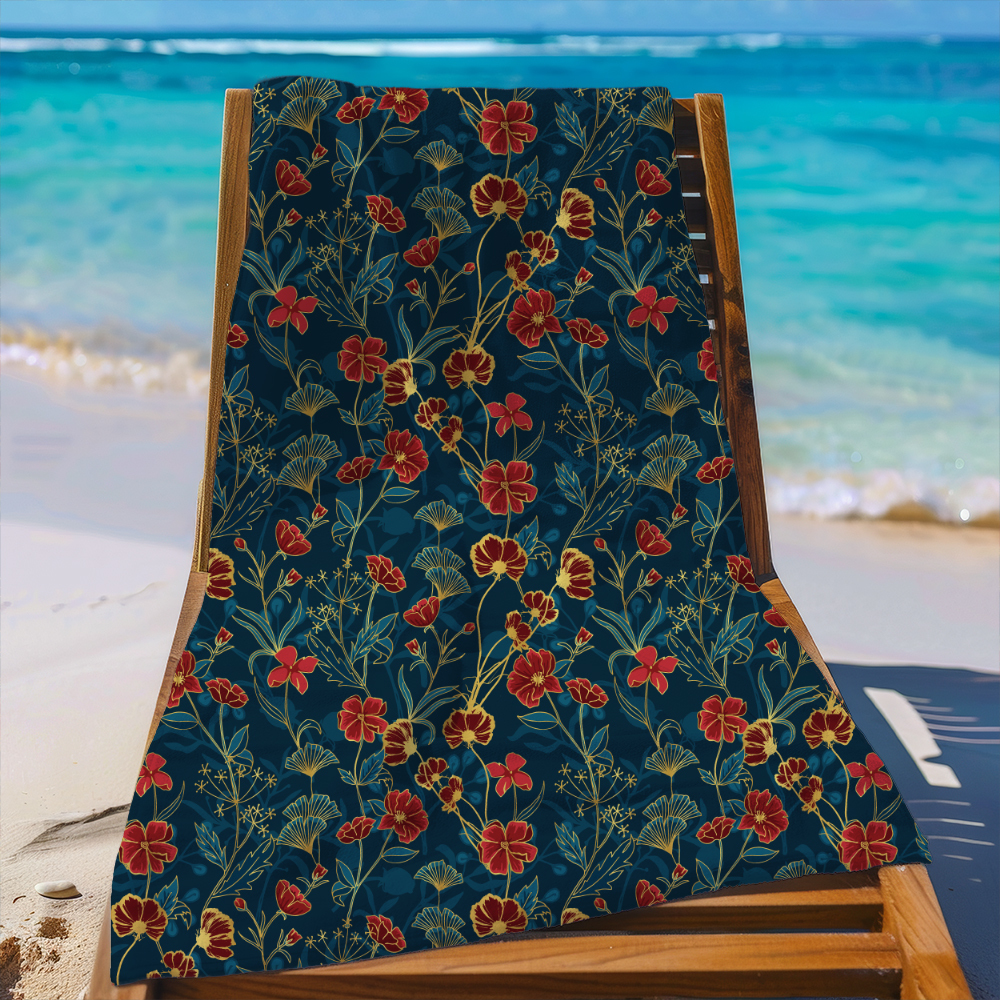 Beach Towel – Vintage Liberty Floral Print With Ornamental Red Blue And Gold Botanical Flowers