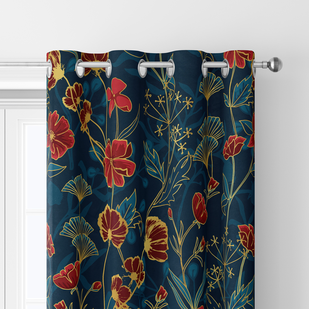 Curtain – Vintage Liberty Floral Print With Ornamental Red, Blue, and Gold Botanical Flowers