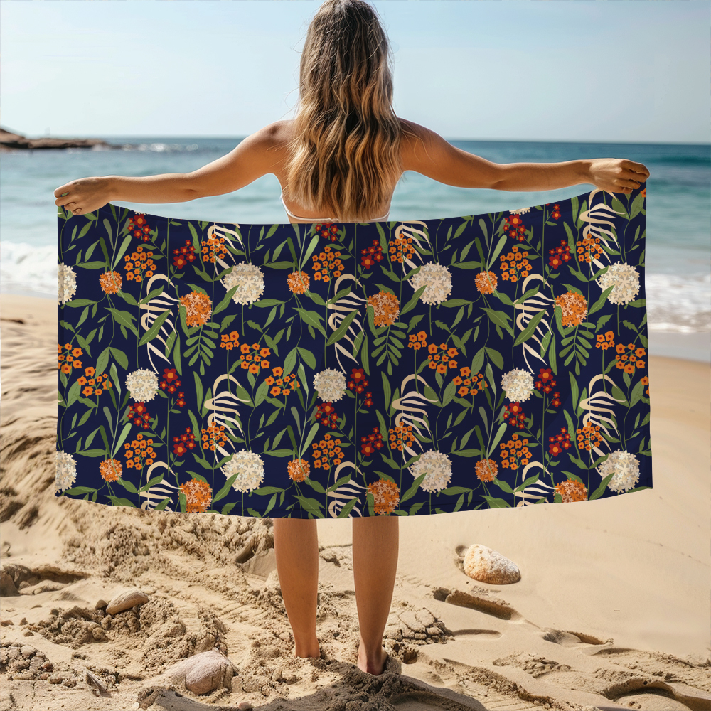 Beach Towel – Vintage Liberty Floral Fabric With Botanical Green Leaves Spherical Flowers & Little Floral