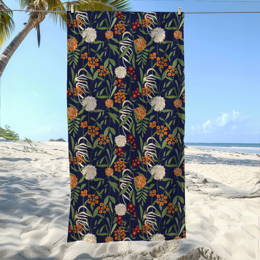 Beach Towel – Vintage Liberty Floral Fabric With Botanical Green Leaves Spherical Flowers & Little Floral