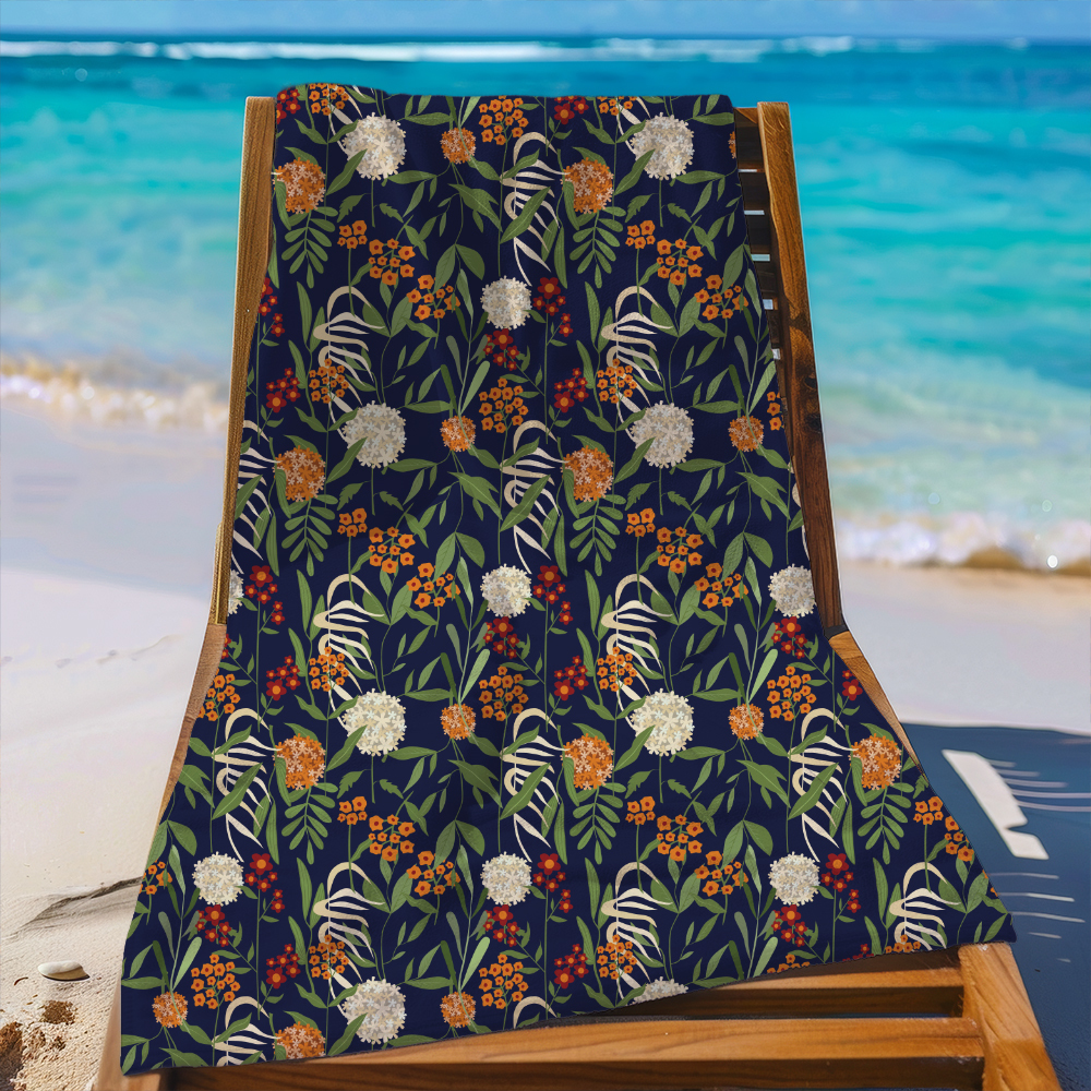 Beach Towel – Vintage Liberty Floral Fabric With Botanical Green Leaves Spherical Flowers & Little Floral