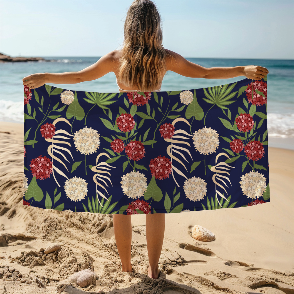 Beach Towel – Vintage Liberty Floral Fabric With Modern Botanical Floral Green Leaves & Spherical Flowers