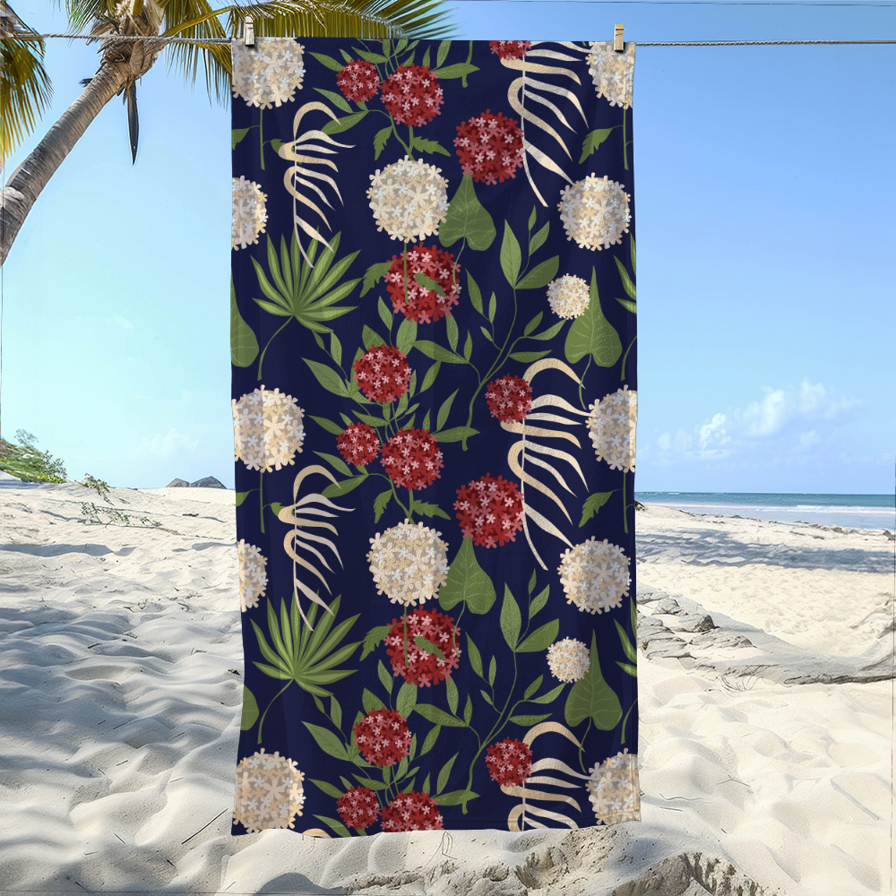 Beach Towel – Vintage Liberty Floral Fabric With Modern Botanical Floral Green Leaves & Spherical Flowers