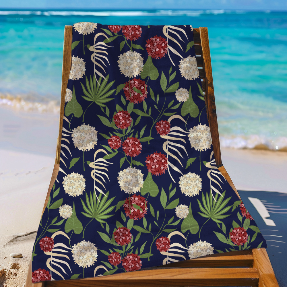 Beach Towel – Vintage Liberty Floral Fabric With Modern Botanical Floral Green Leaves & Spherical Flowers