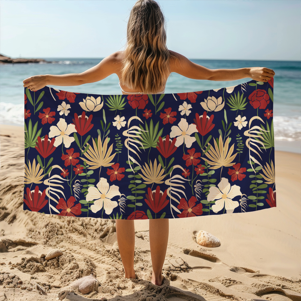 Beach Towel – Vintage Liberty Floral Modern Botanical Floral Abstract On Navy Blue Background