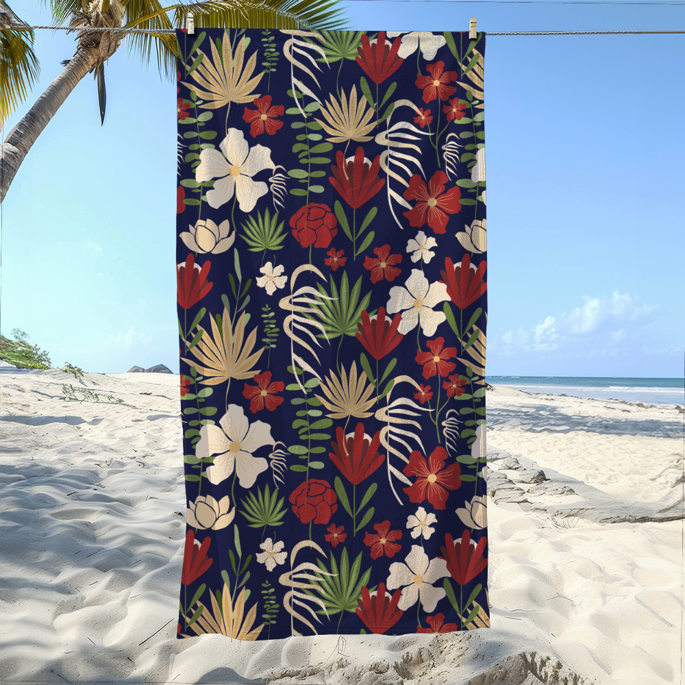 Beach Towel – Vintage Liberty Floral Modern Botanical Floral Abstract On Navy Blue Background