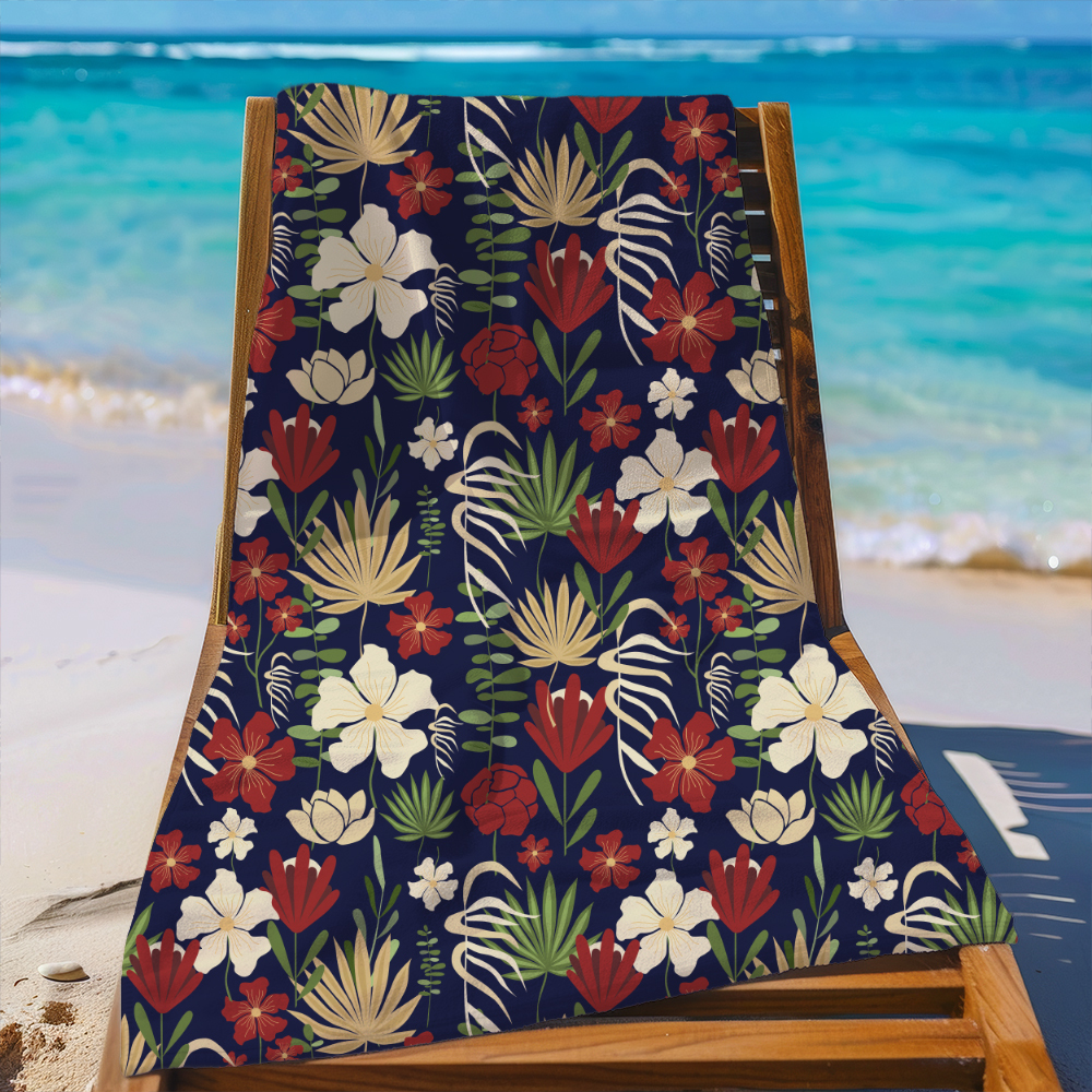 Beach Towel – Vintage Liberty Floral Modern Botanical Floral Abstract On Navy Blue Background