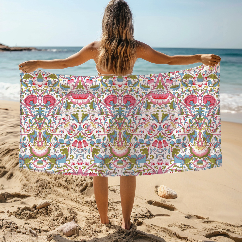 Beach Towel – William Morris Style Vintage Liberty Floral Print With Vibrant Flowers And Leaves