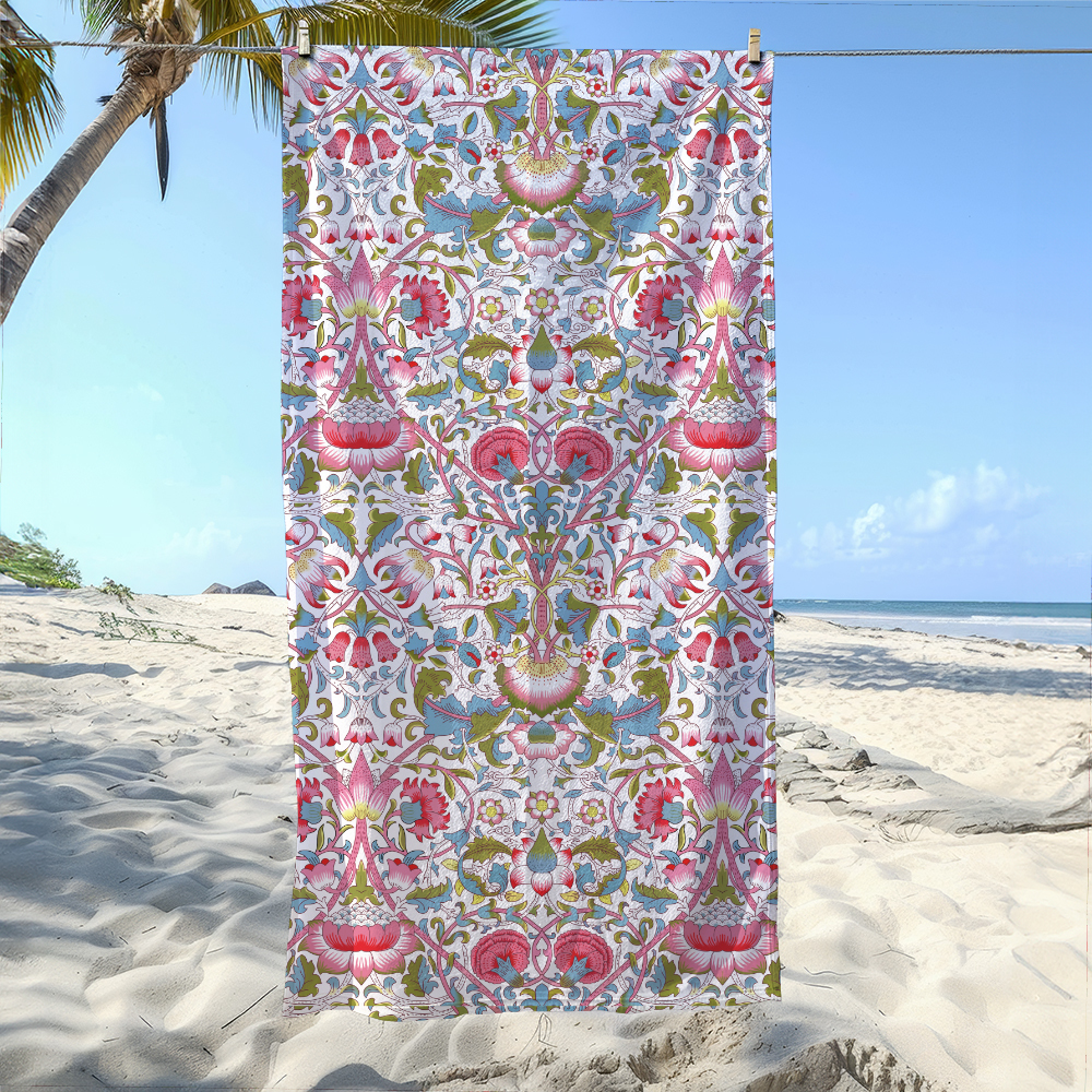 Beach Towel – William Morris Style Vintage Liberty Floral Print With Vibrant Flowers And Leaves