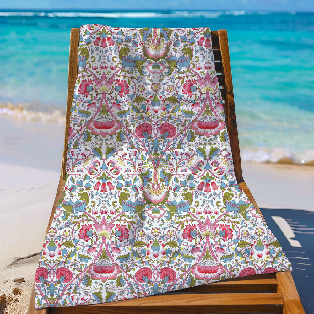 Beach Towel – William Morris Style Vintage Liberty Floral Print With Vibrant Flowers And Leaves