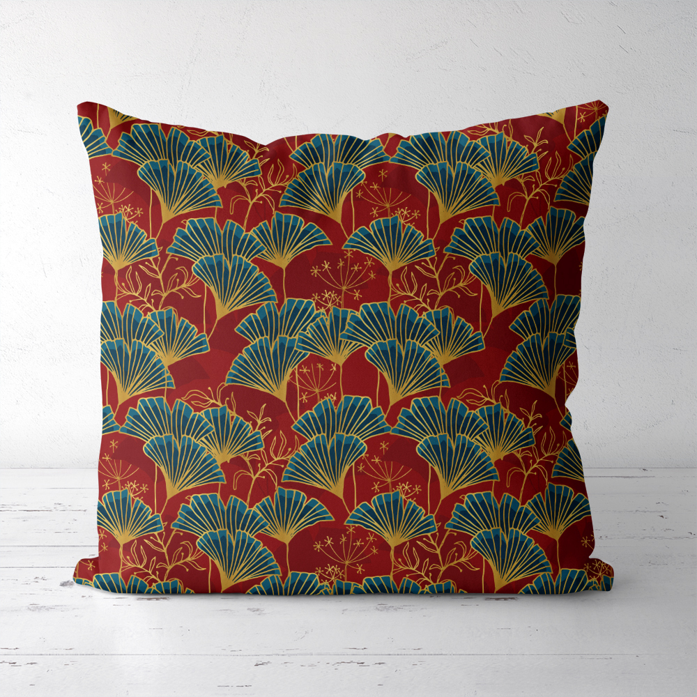 Throw Pillow – Blue Ginkgo Leaves With Gold Outline On Red Background