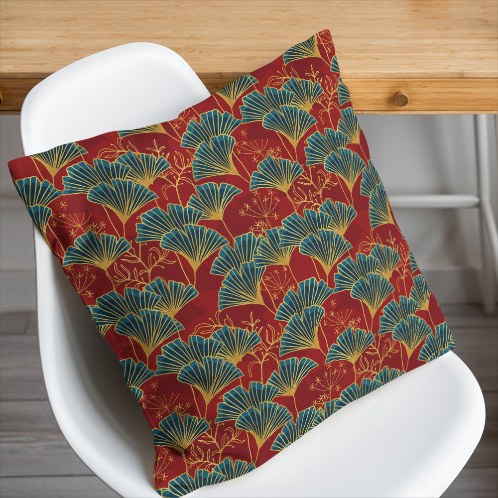 Throw Pillow – Blue Ginkgo Leaves With Gold Outline On Red Background