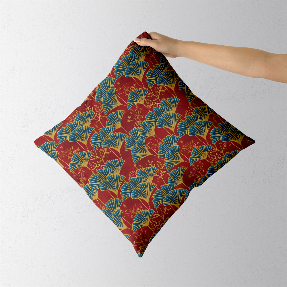 Throw Pillow – Blue Ginkgo Leaves With Gold Outline On Red Background