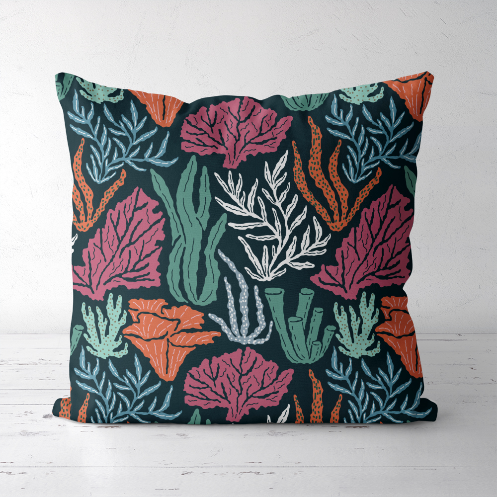 Throw Pillow – Underwater World Seamless Pattern With Hand Drawn Coral And Seaweed