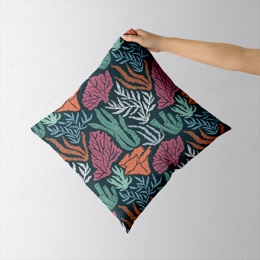 Throw Pillow – Underwater World Seamless Pattern With Hand Drawn Coral And Seaweed