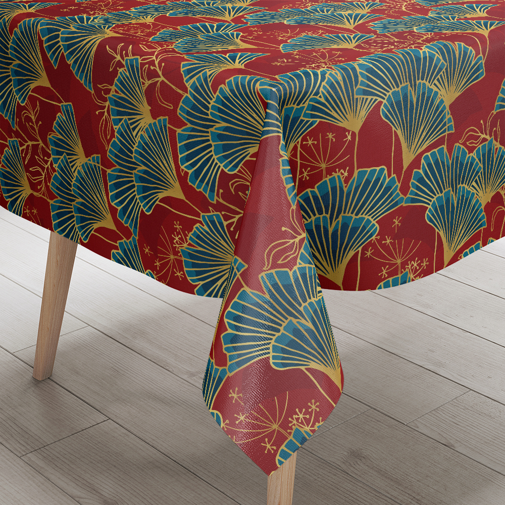 Tablecloth – Blue Ginkgo Leaves With Gold Outline On Red Background