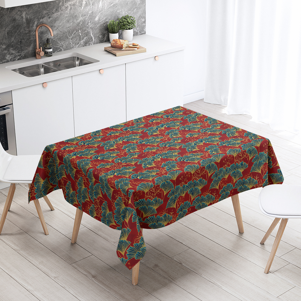 Tablecloth – Blue Ginkgo Leaves With Gold Outline On Red Background