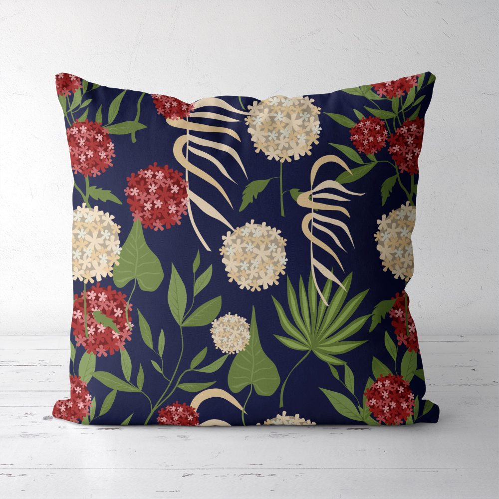 Throw Pillow – Modern Botanical Floral Green Leaves & Spherical Flowers