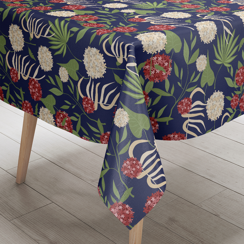 Tablecloth – Modern Botanical Floral Green Leaves & Spherical Flowers