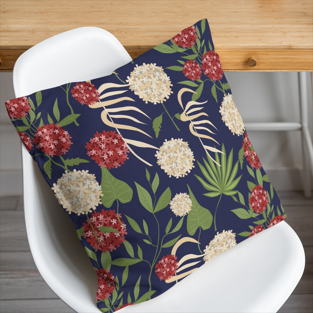 Throw Pillow – Modern Botanical Floral Green Leaves & Spherical Flowers