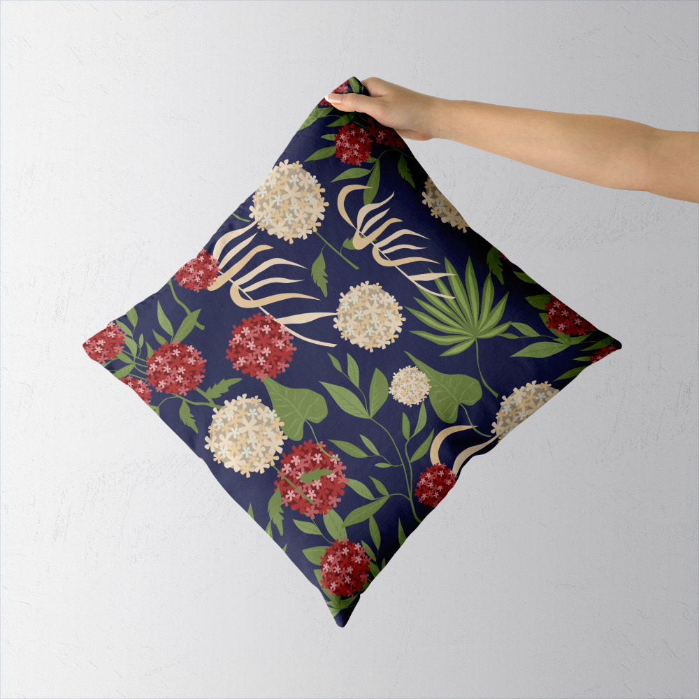 Throw Pillow – Modern Botanical Floral Green Leaves & Spherical Flowers