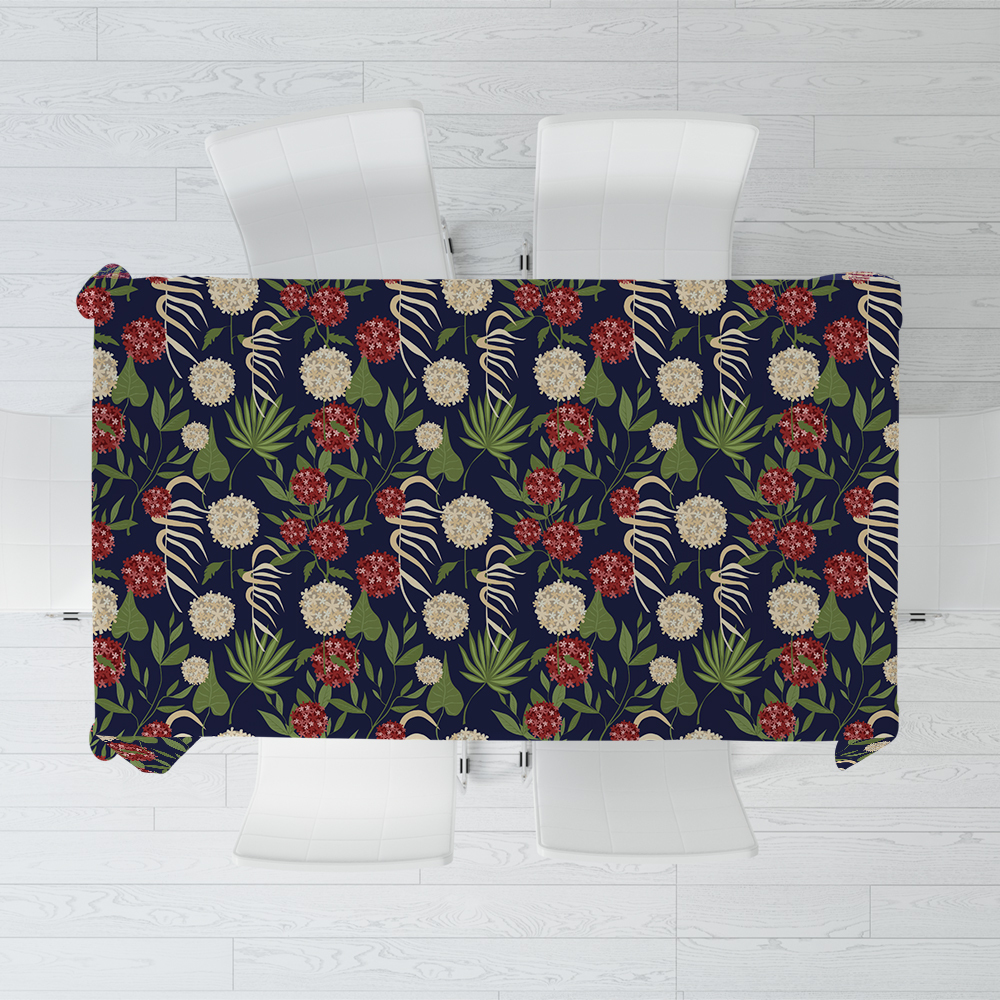 Tablecloth – Modern Botanical Floral Green Leaves & Spherical Flowers