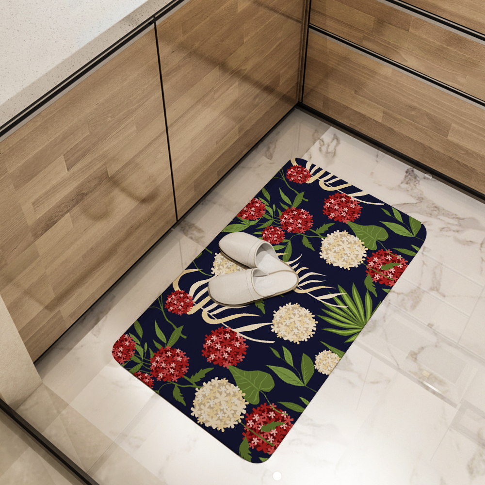 Kitchen Floor Mats – Modern Botanical Floral Green Leaves & Spherical Flowers