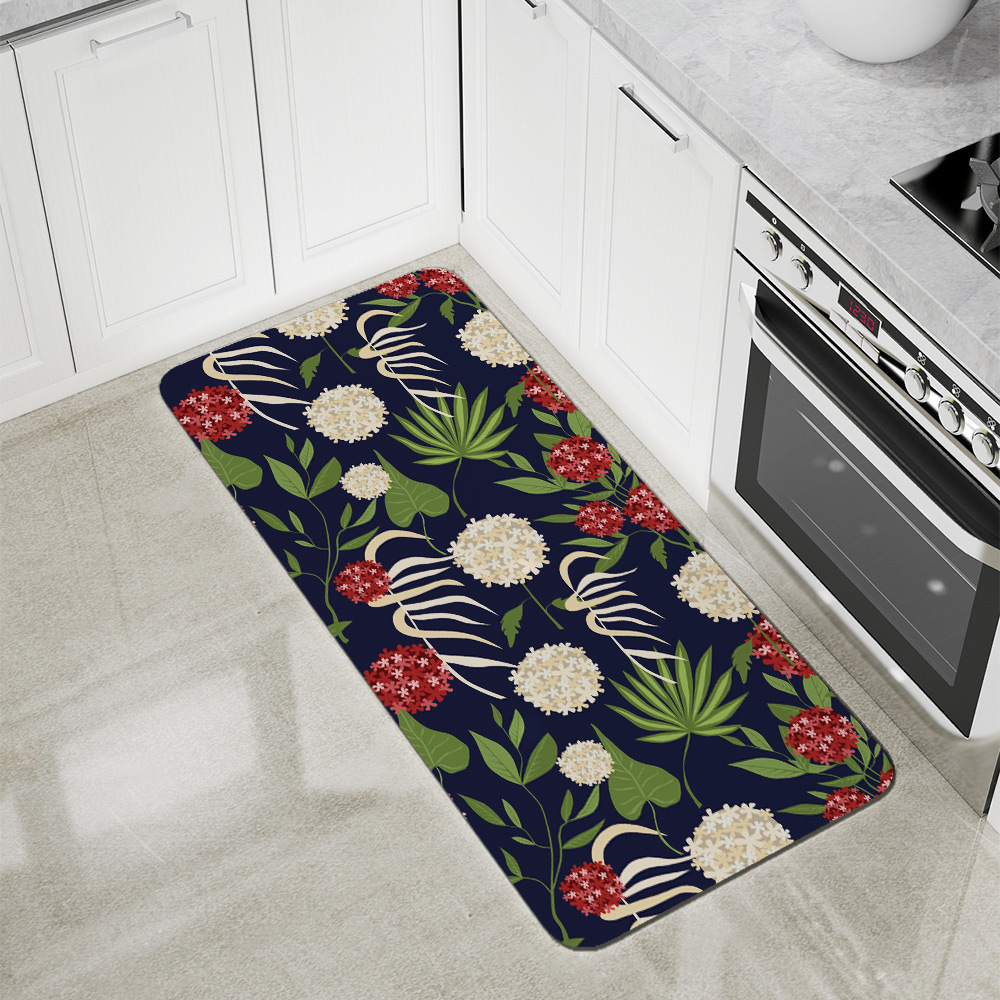 Kitchen Floor Mats – Modern Botanical Floral Green Leaves & Spherical Flowers