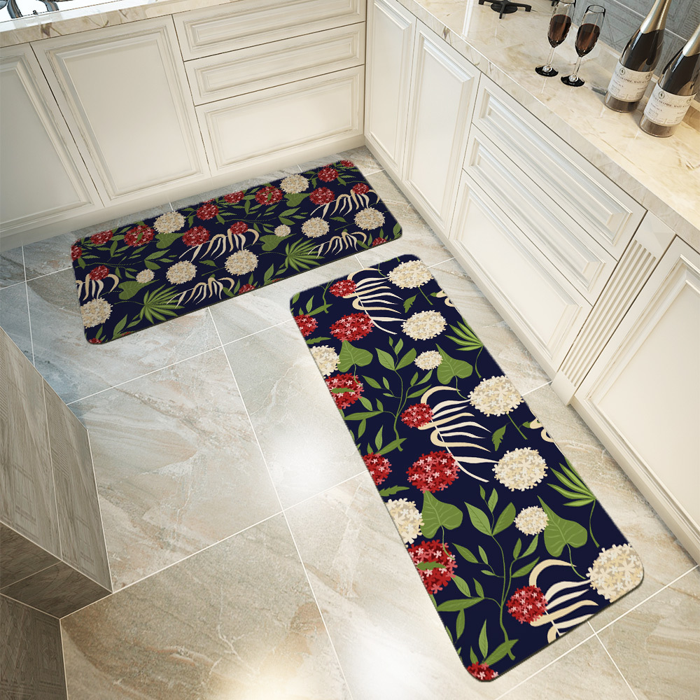 Kitchen Floor Mats – Modern Botanical Floral Green Leaves & Spherical Flowers