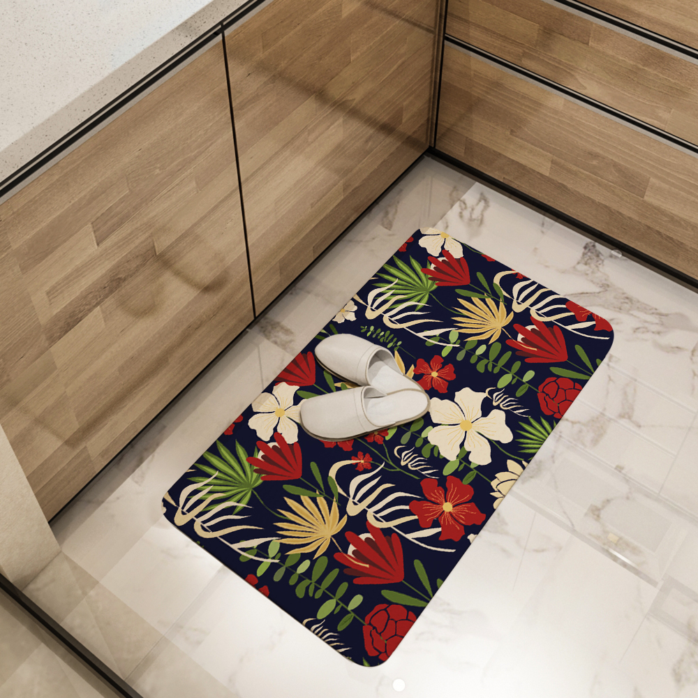 Kitchen Floor Mats – Modern Botanical Floral Abstract On Navy Blue Background