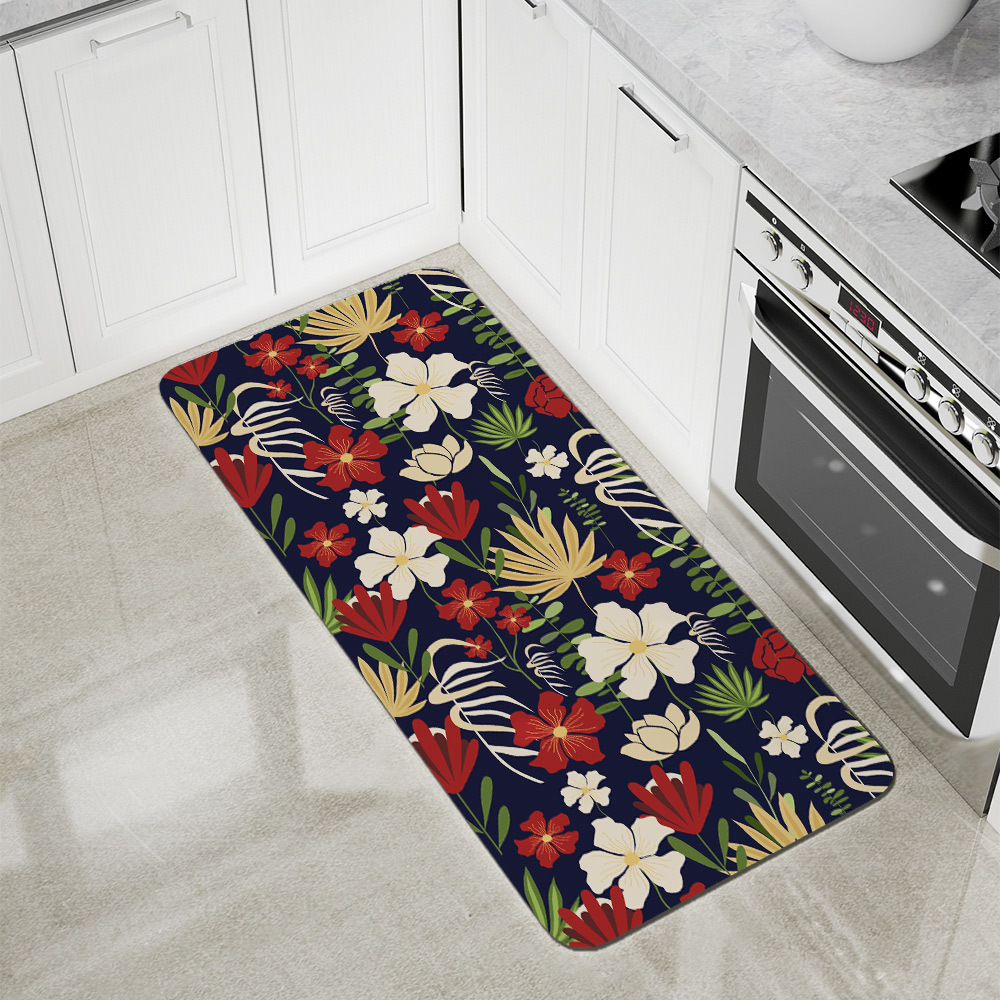 Kitchen Floor Mats – Modern Botanical Floral Abstract On Navy Blue Background