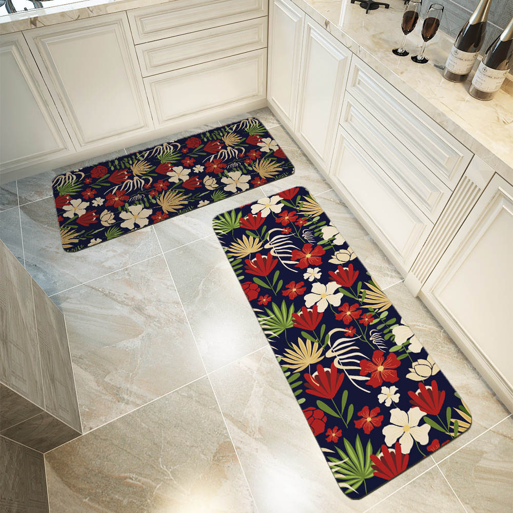 Kitchen Floor Mats – Modern Botanical Floral Abstract On Navy Blue Background