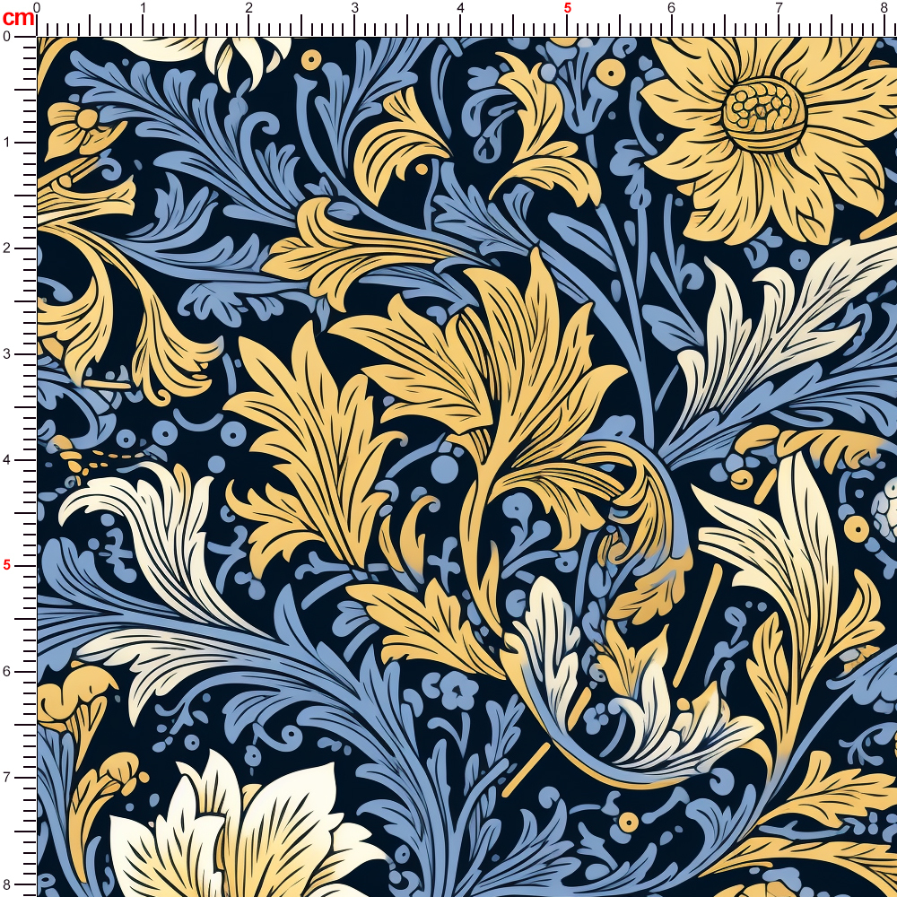 William Morris Vintage Aristocratic Vibe of Liberty Floral with Golden Yellow Flowers and Blue-Gray Leaves Fabric – Custom Print Fabrics
